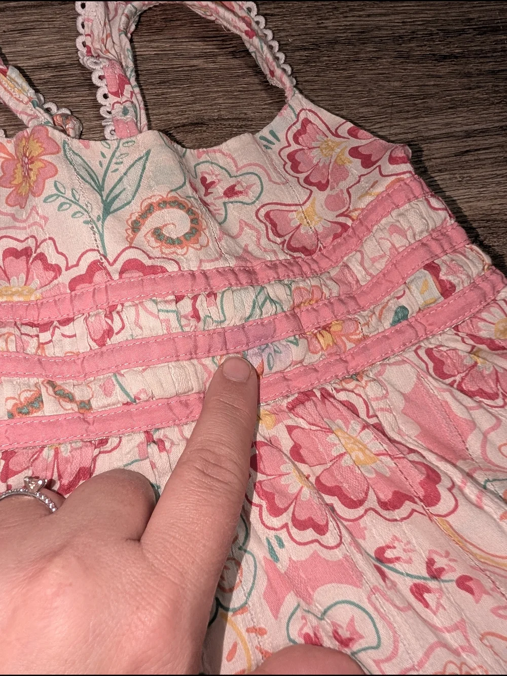 Shabby Chic Pink Seafoam Green Smocked Floral Sundress Lace Trim Girls 3T